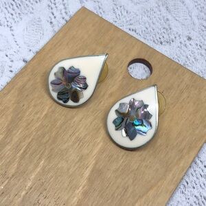 Vintage alpaca silver Mexico tear drop abalone earrings boho statement dressy